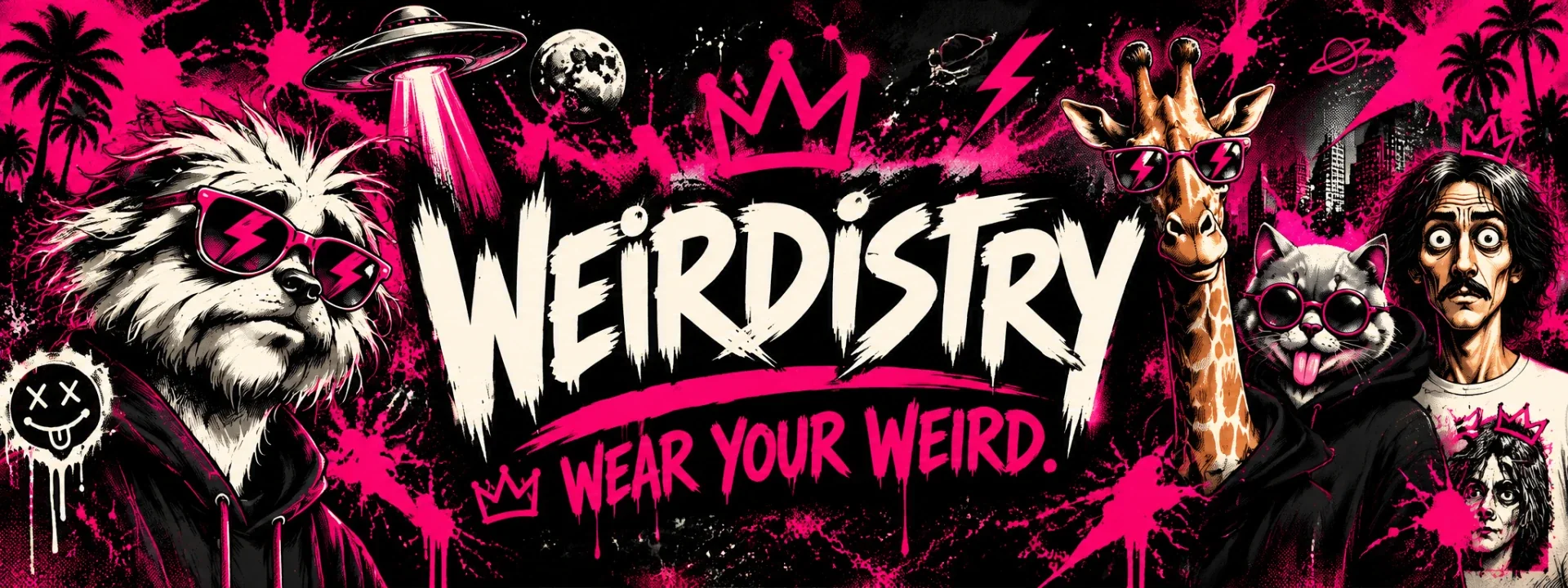 WEIRDISTRY: Wear your weird. Graffiti banner with a shaggy dog, a giraffe, a cat and a wide-eyed man in sunglasses