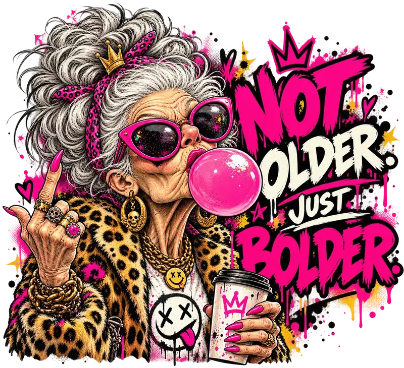 Grandma in leopard print blowing bubble gum with the words: Not older. Just bolder.