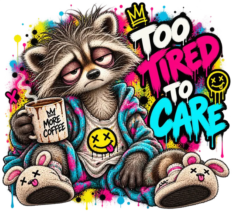 Sleepy raccoon in a robe holding a coffee mug with the words: Too tired to care