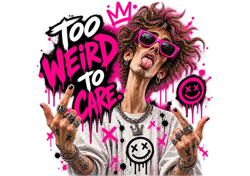 Character sticking out his tongue with the words: Too weird to care