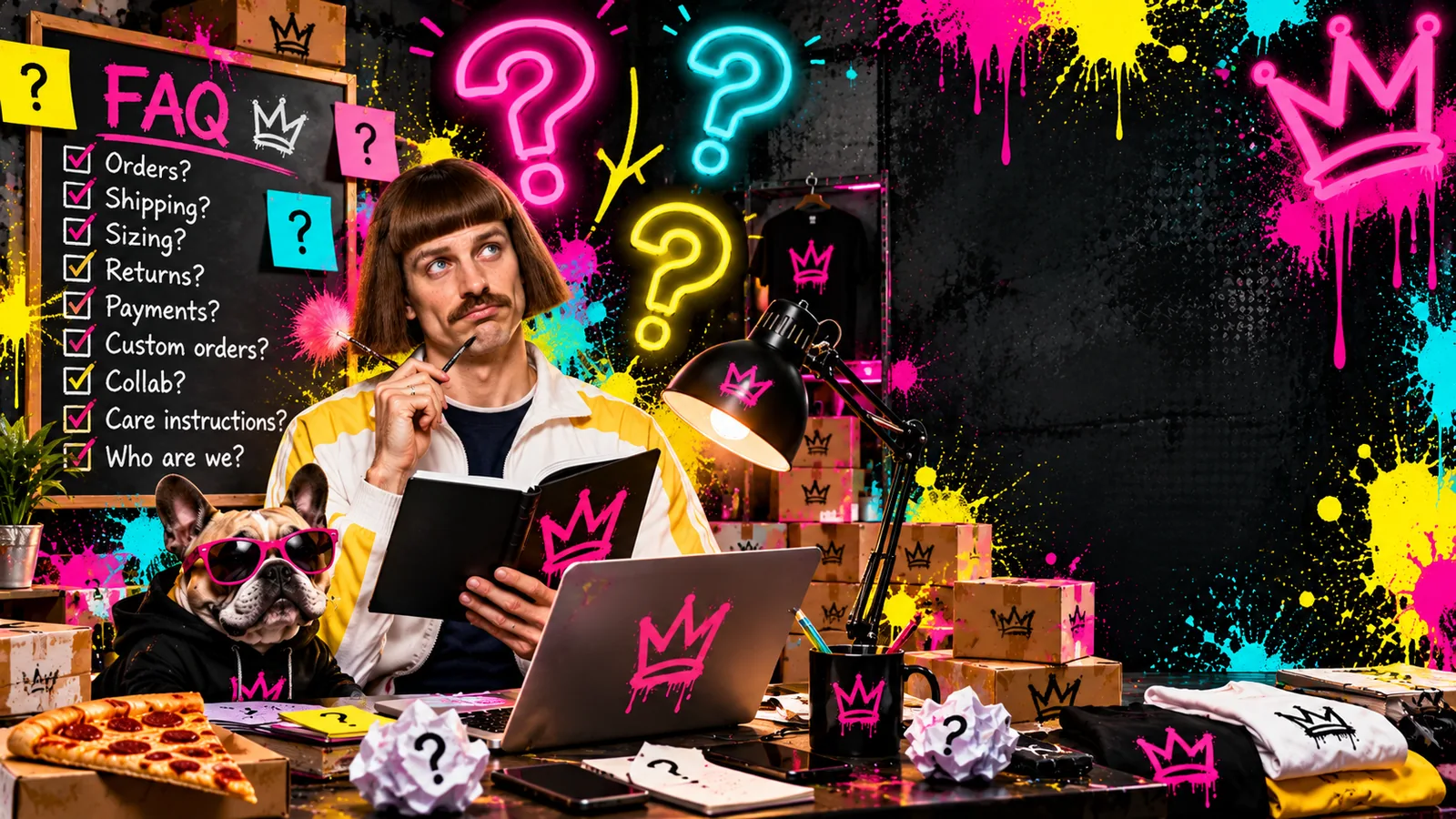 Man with a bowl cut and mustache writing in a notebook at a cluttered desk, a French bulldog in pink sunglasses beside him