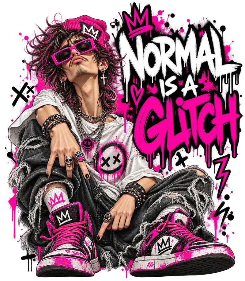 Graffiti character in pink sunglasses and sneakers with the words: Normal is a glitch