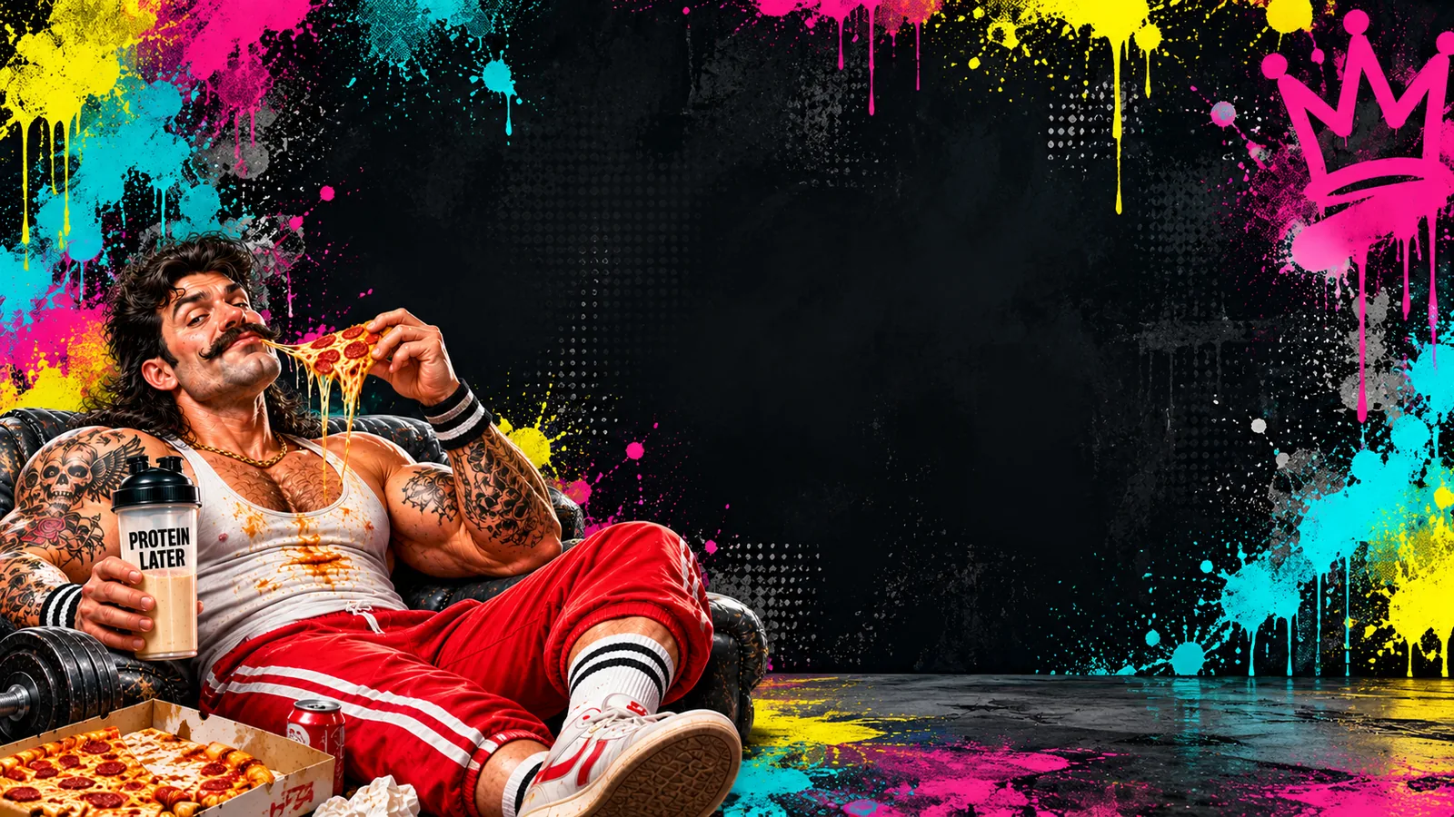 Bodybuilder in a stained tank top eating pizza in a graffiti-covered room