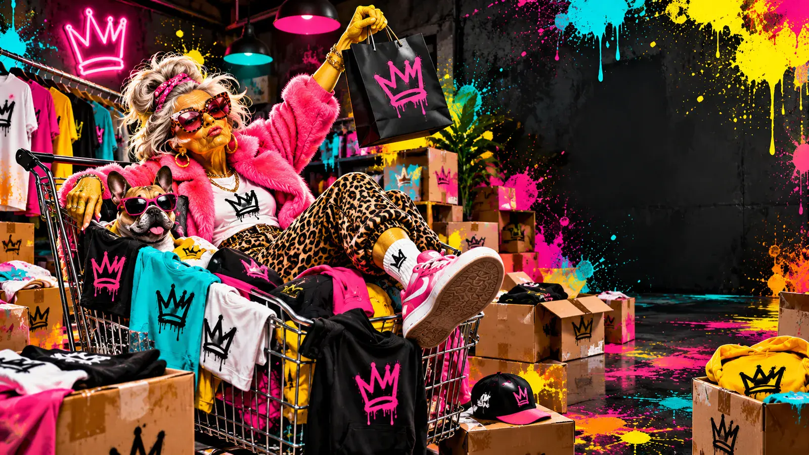 Woman in a fuzzy pink coat riding a shopping cart with a sunglasses-wearing dog through a graffiti-covered warehouse